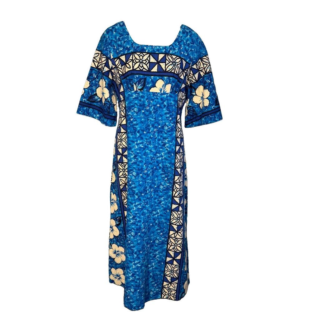 Ui-Maikai Vintage 60's 70's Hawaiian Floral Maxi Dress Blue Small Medium Cotton